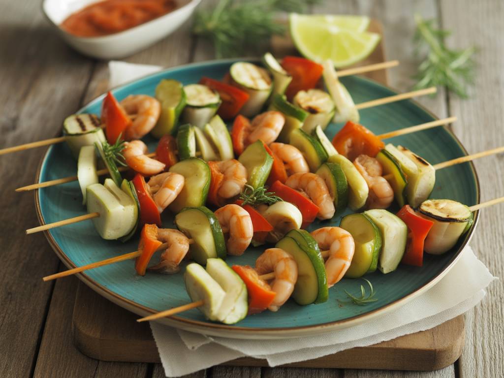 Recette de brochettes de gambas et légumes grillés